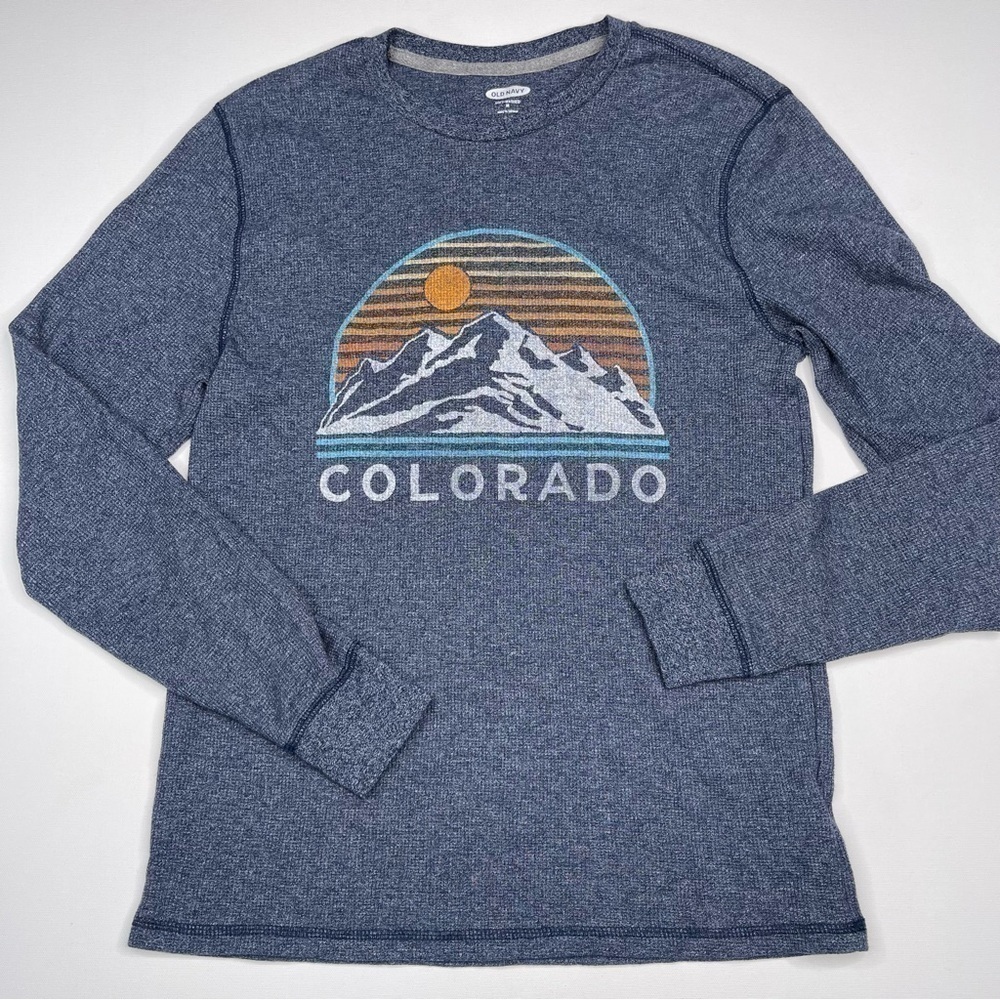 Old Navy Tee Shirt Waffle Soft Washed Ribbed Outdoor Autumn Winter Blue Colorado